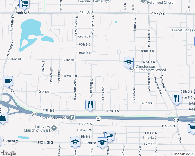 map of restaurants, bars, coffee shops, grocery stores, and more near 10405 South Sheridan Avenue in Tacoma