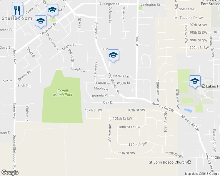 map of restaurants, bars, coffee shops, grocery stores, and more near 2329 Maple Ln in Steilacoom