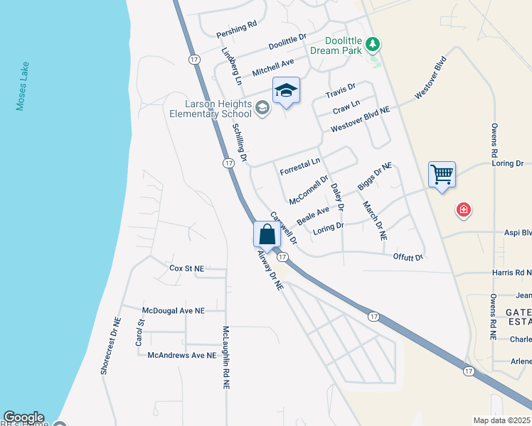 map of restaurants, bars, coffee shops, grocery stores, and more near 159 Carswell Drive in Moses Lake