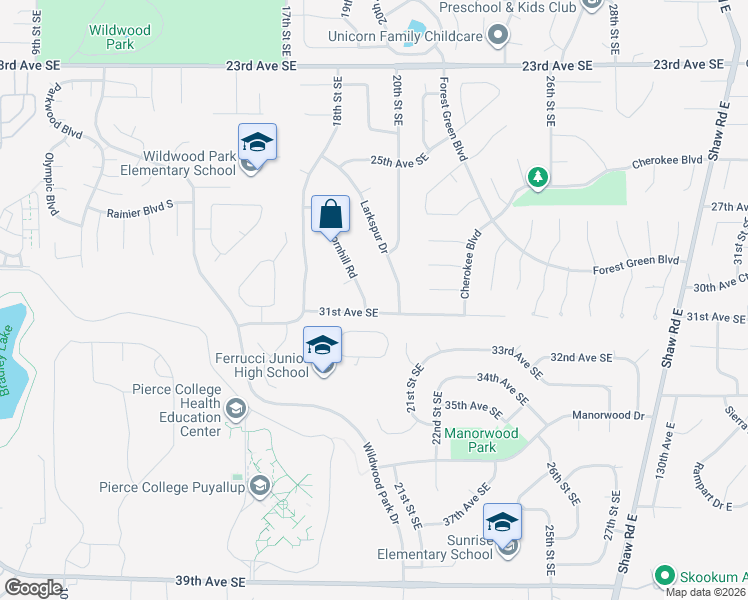 map of restaurants, bars, coffee shops, grocery stores, and more near 3001 Thornhill Road in Puyallup