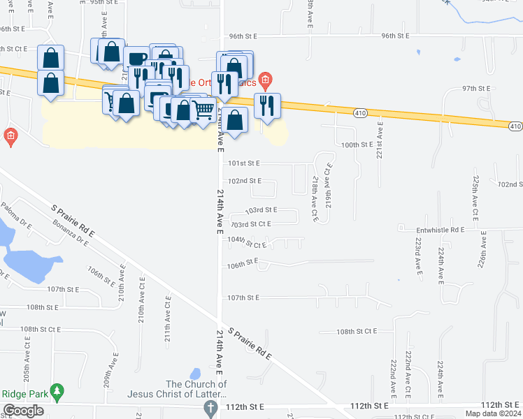 map of restaurants, bars, coffee shops, grocery stores, and more near 10222 215th Avenue East in Bonney Lake