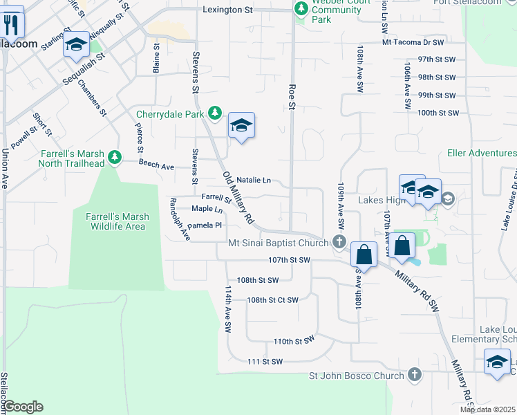 map of restaurants, bars, coffee shops, grocery stores, and more near 2512 Woods Drive in Steilacoom