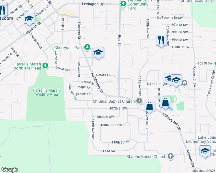map of restaurants, bars, coffee shops, grocery stores, and more near 2512 Woods Drive in Steilacoom