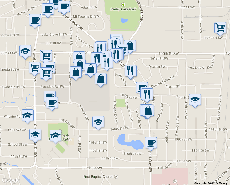 map of restaurants, bars, coffee shops, grocery stores, and more near 5413 104th St SW in Lakewood
