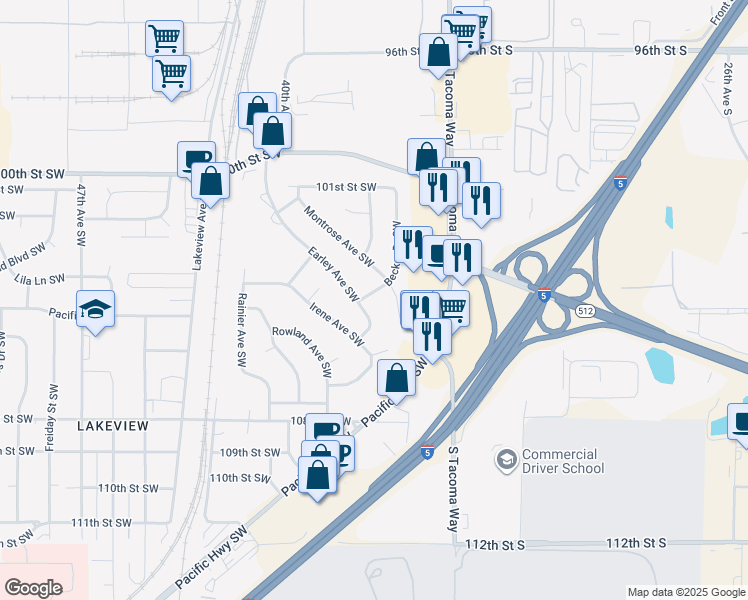 map of restaurants, bars, coffee shops, grocery stores, and more near 10509 Becker Drive Southwest in Tacoma