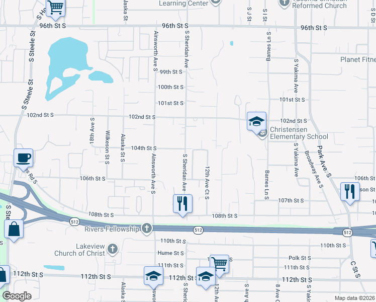 map of restaurants, bars, coffee shops, grocery stores, and more near 10405 South Sheridan Avenue in Tacoma