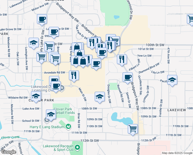 map of restaurants, bars, coffee shops, grocery stores, and more near 5618 Lakewood Towne Center Boulevard Southwest in Lakewood