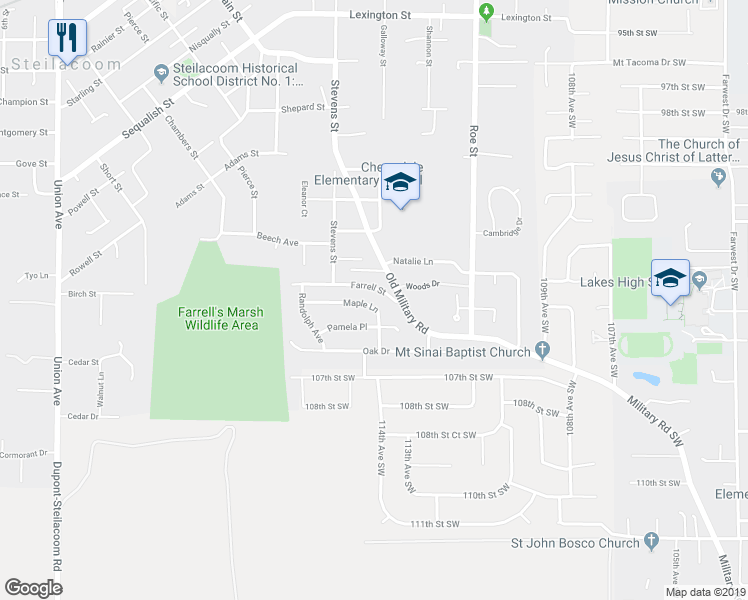 map of restaurants, bars, coffee shops, grocery stores, and more near 2327 Maple Lane in Steilacoom