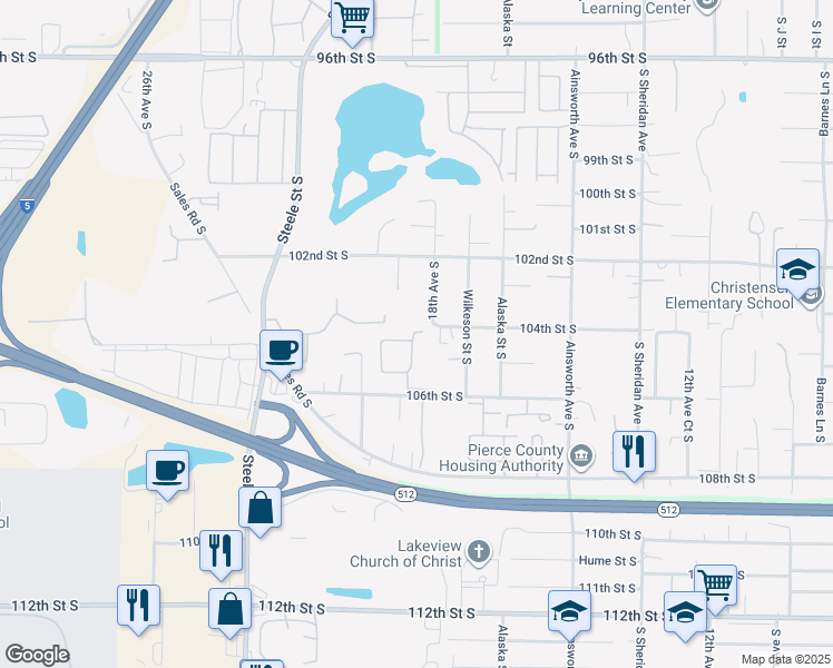 map of restaurants, bars, coffee shops, grocery stores, and more near 10415 19th Avenue South in Tacoma