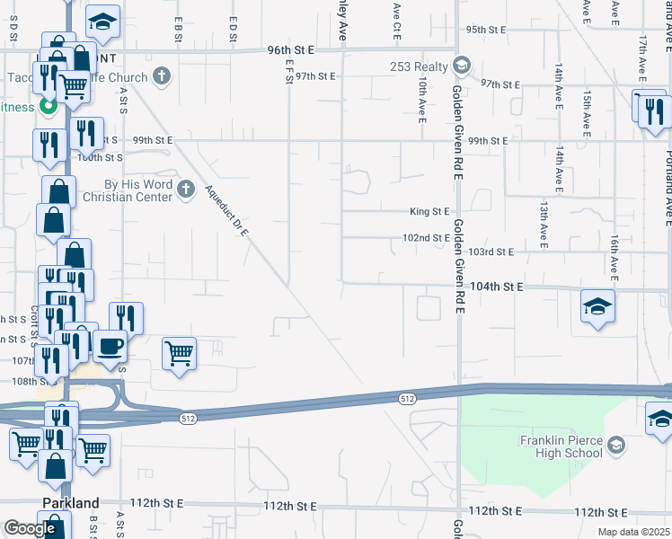 map of restaurants, bars, coffee shops, grocery stores, and more near 10307 McKinley Avenue East in Tacoma