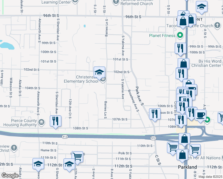 map of restaurants, bars, coffee shops, grocery stores, and more near 834 103rd Street South in Tacoma