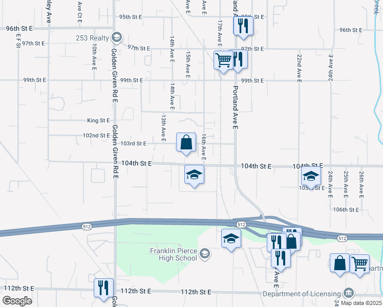 map of restaurants, bars, coffee shops, grocery stores, and more near 10316 15th Avenue Court East in Tacoma
