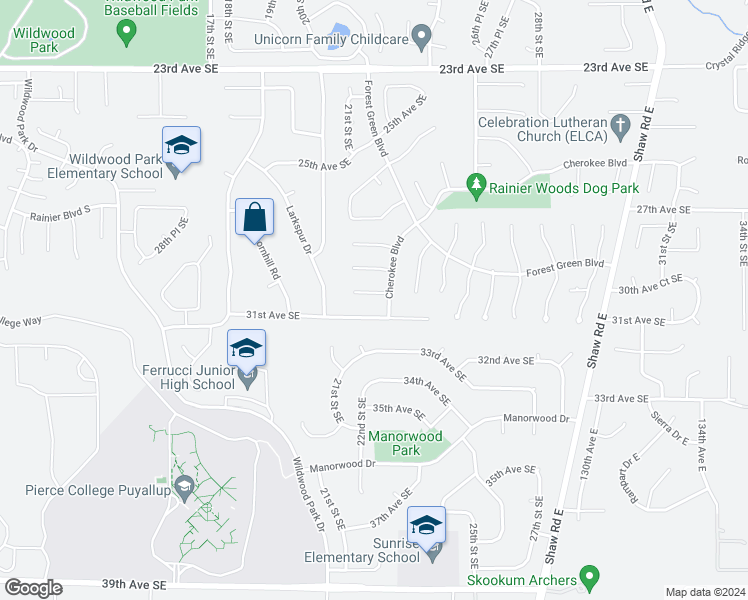 map of restaurants, bars, coffee shops, grocery stores, and more near 2204 30th Avenue Southeast in Puyallup