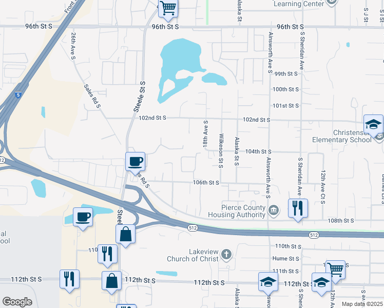 map of restaurants, bars, coffee shops, grocery stores, and more near 1903 104th Street South in Tacoma