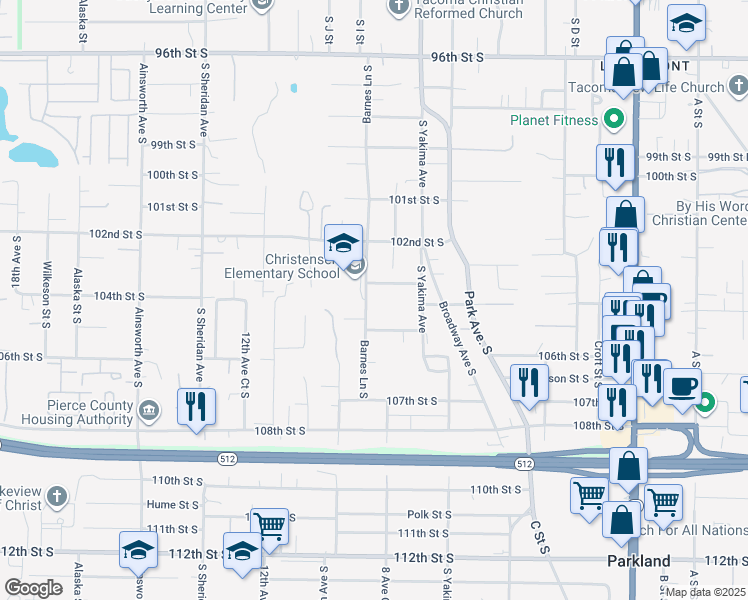 map of restaurants, bars, coffee shops, grocery stores, and more near 834 103rd Street South in Tacoma