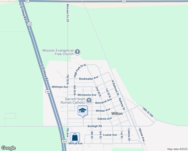 map of restaurants, bars, coffee shops, grocery stores, and more near 601 2nd Street North in Wilton