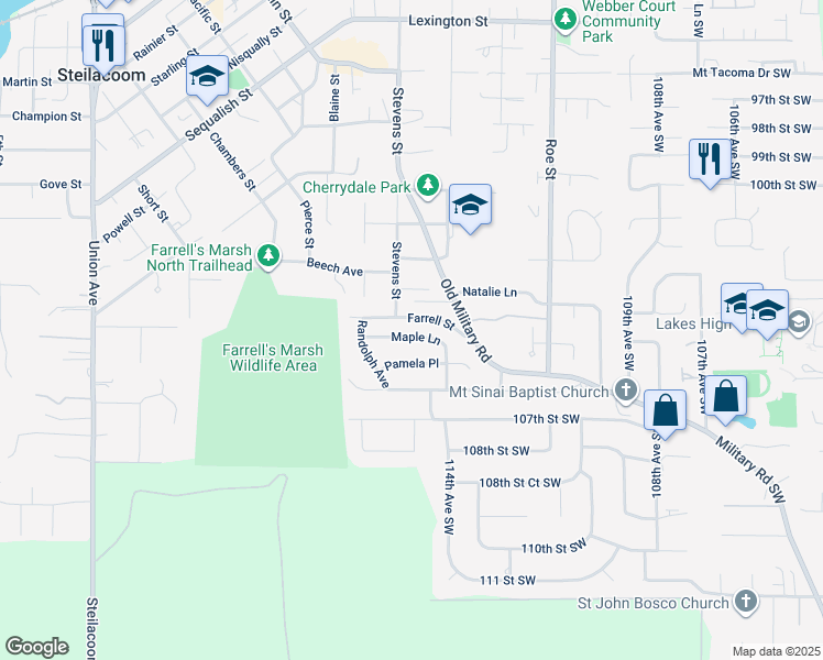map of restaurants, bars, coffee shops, grocery stores, and more near 2319 Maple Lane in Steilacoom