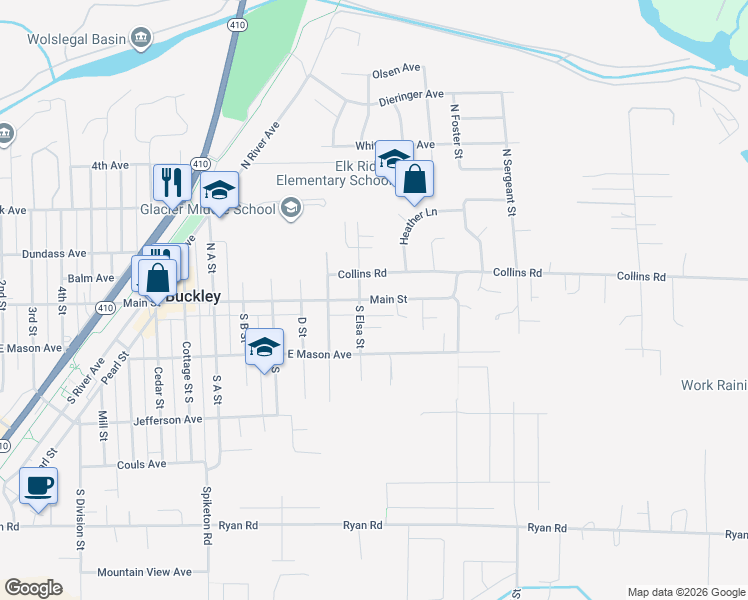 map of restaurants, bars, coffee shops, grocery stores, and more near 1415 Main Street in Buckley