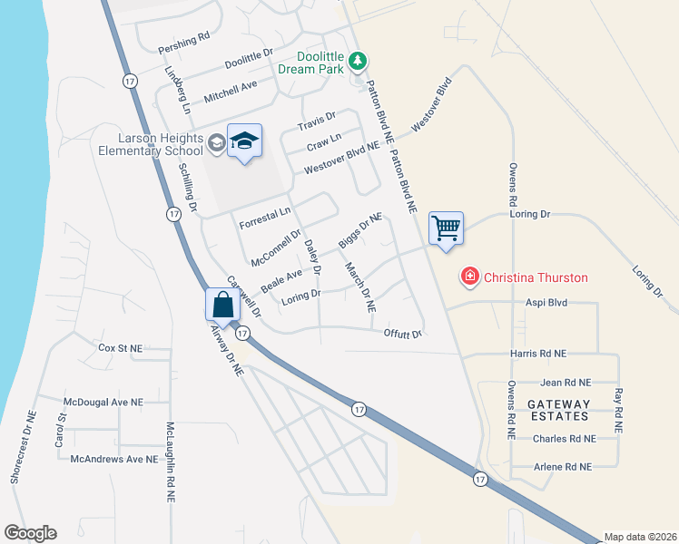 map of restaurants, bars, coffee shops, grocery stores, and more near 209 March Drive Northeast in Moses Lake