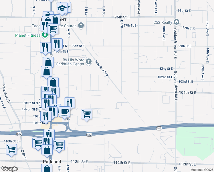 map of restaurants, bars, coffee shops, grocery stores, and more near 15314 4th Avenue Court East in Tacoma