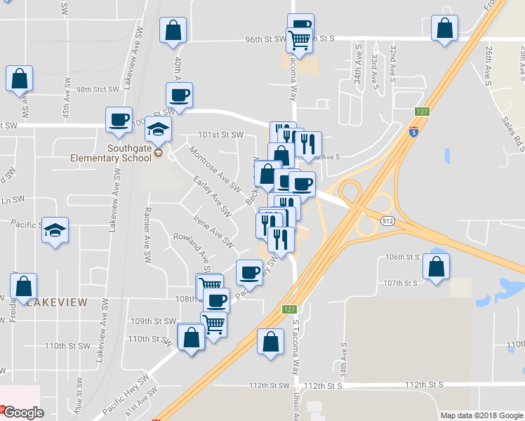 map of restaurants, bars, coffee shops, grocery stores, and more near 10507 Montrose Avenue Southwest in Tacoma