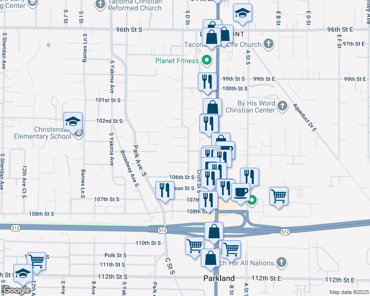 map of restaurants, bars, coffee shops, grocery stores, and more near 10238 Patterson Street South in Tacoma