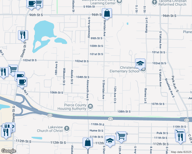 map of restaurants, bars, coffee shops, grocery stores, and more near 1422 104th Street South in Tacoma