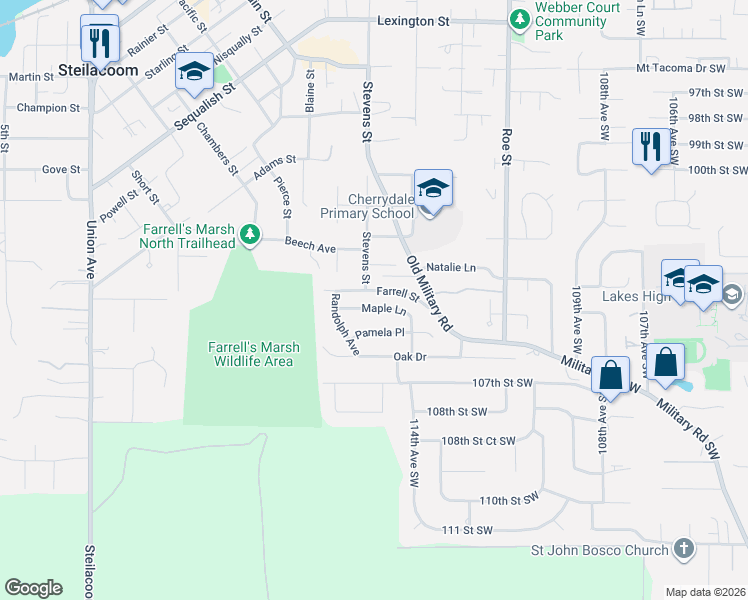 map of restaurants, bars, coffee shops, grocery stores, and more near 2317 Maple Lane in Steilacoom