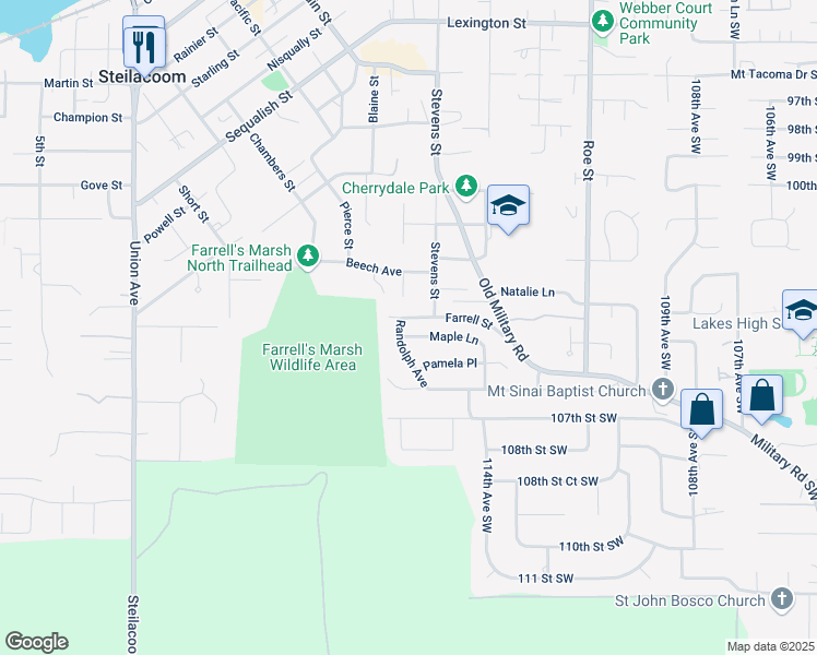 map of restaurants, bars, coffee shops, grocery stores, and more near 2309 Maple Lane in Steilacoom
