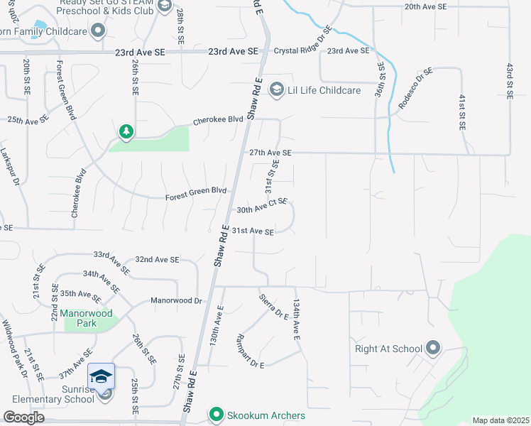 map of restaurants, bars, coffee shops, grocery stores, and more near 3018 30th Avenue Southeast in Puyallup