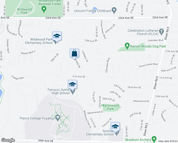 map of restaurants, bars, coffee shops, grocery stores, and more near 3002 Larkspur Drive in Puyallup