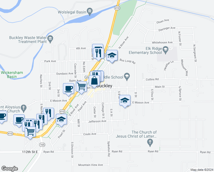 map of restaurants, bars, coffee shops, grocery stores, and more near 840 Main St in Buckley