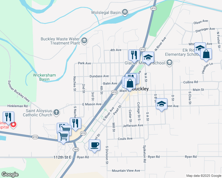 map of restaurants, bars, coffee shops, grocery stores, and more near 494 Main Street in Buckley