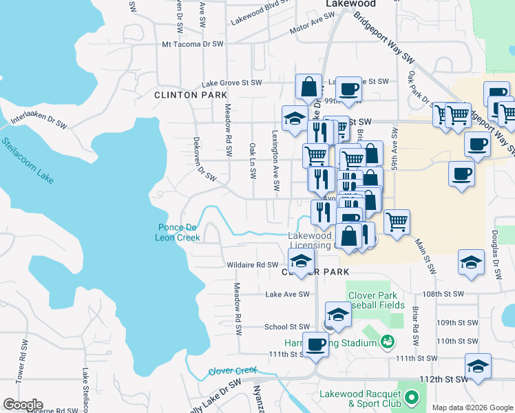 map of restaurants, bars, coffee shops, grocery stores, and more near 6520 Avondale Road Southwest in Tacoma