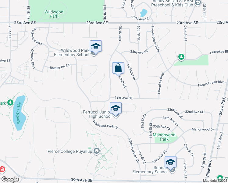 map of restaurants, bars, coffee shops, grocery stores, and more near 2911 18th Street Southeast in Puyallup