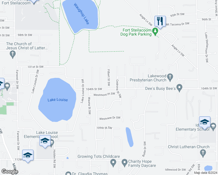 map of restaurants, bars, coffee shops, grocery stores, and more near 10313 Filbert Street Southwest in Lakewood