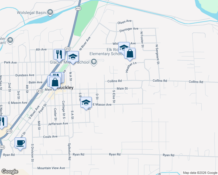 map of restaurants, bars, coffee shops, grocery stores, and more near 1345 Main Street in Buckley