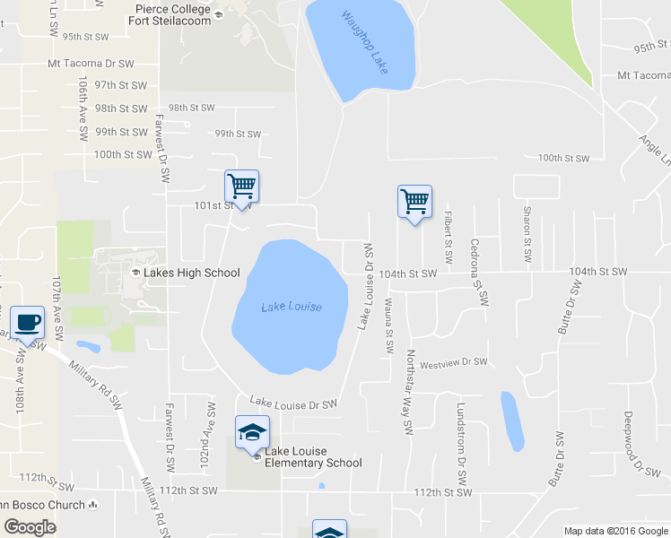map of restaurants, bars, coffee shops, grocery stores, and more near 10224 Melody Lane Southwest in Tacoma