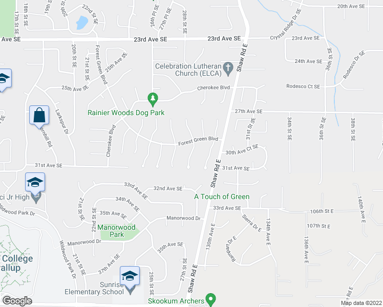map of restaurants, bars, coffee shops, grocery stores, and more near 2927 Forest Ridge Court South in Puyallup
