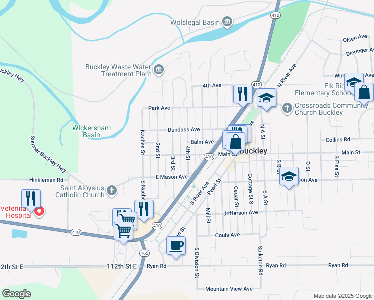 map of restaurants, bars, coffee shops, grocery stores, and more near 129 4th Street in Buckley