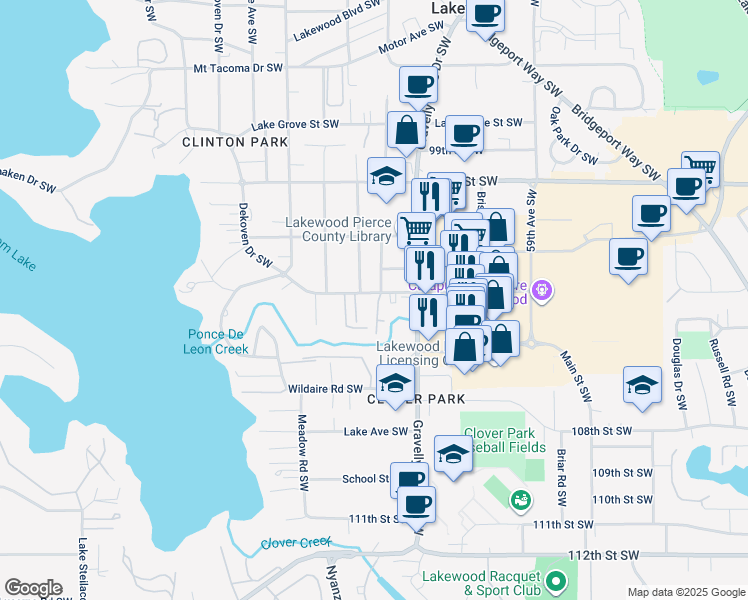 map of restaurants, bars, coffee shops, grocery stores, and more near 6508 Avondale Road Southwest in Tacoma