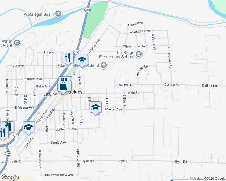 map of restaurants, bars, coffee shops, grocery stores, and more near 1345 Main Street in Buckley