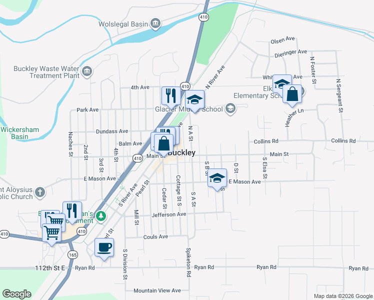 map of restaurants, bars, coffee shops, grocery stores, and more near in Buckley