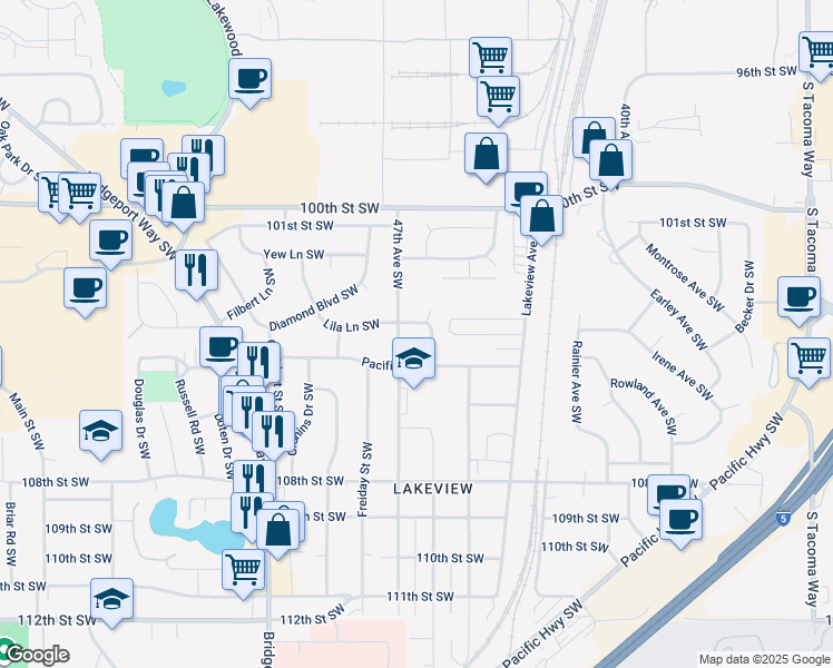 map of restaurants, bars, coffee shops, grocery stores, and more near 10309 47th Avenue Southwest in Lakewood
