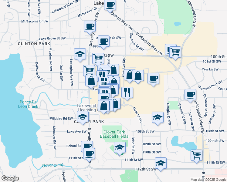 map of restaurants, bars, coffee shops, grocery stores, and more near 10330 59th Avenue Southwest in Lakewood
