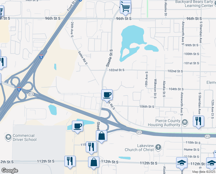 map of restaurants, bars, coffee shops, grocery stores, and more near 2201 104th Street South in Tacoma