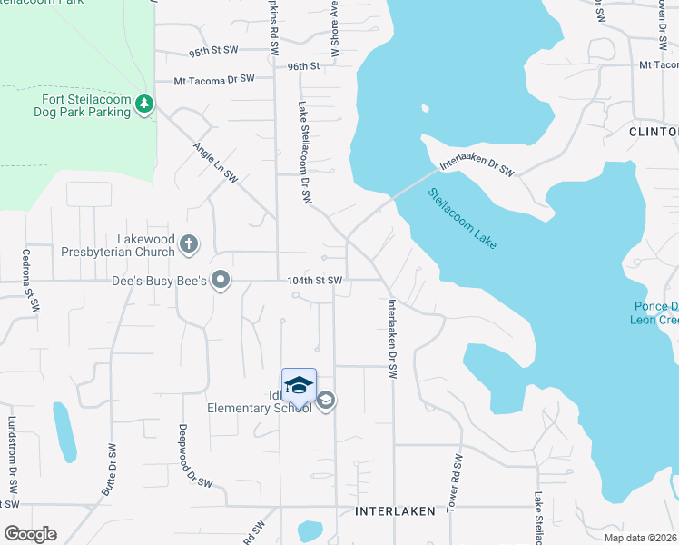 map of restaurants, bars, coffee shops, grocery stores, and more near 8021 104th Street Southwest in Tacoma