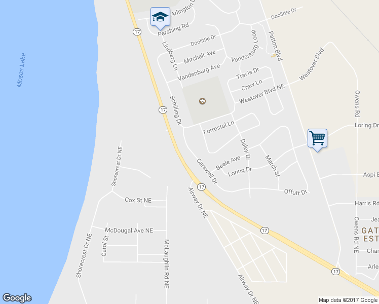 map of restaurants, bars, coffee shops, grocery stores, and more near 155 Carswell Dr in Moses Lake