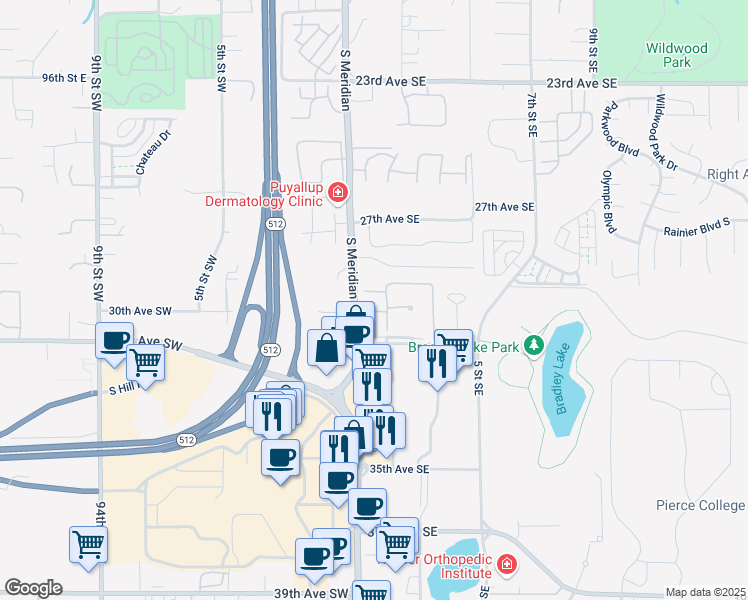 map of restaurants, bars, coffee shops, grocery stores, and more near 2923 South Meridian in Puyallup