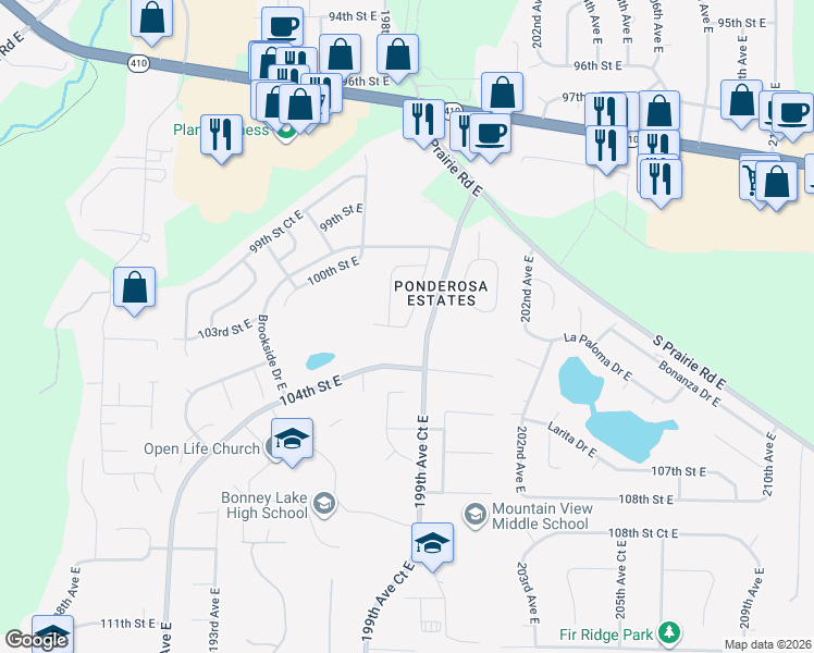 map of restaurants, bars, coffee shops, grocery stores, and more near 14430 199th Avenue East in Bonney Lake